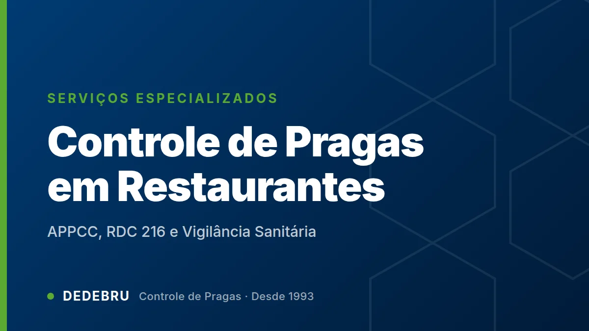 Arte com o texto Controle de Pragas em Restaurantes sobre fundo azul institucional da Dedebru
