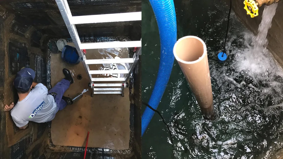 Técnico realizando limpeza profissional de caixa d'água