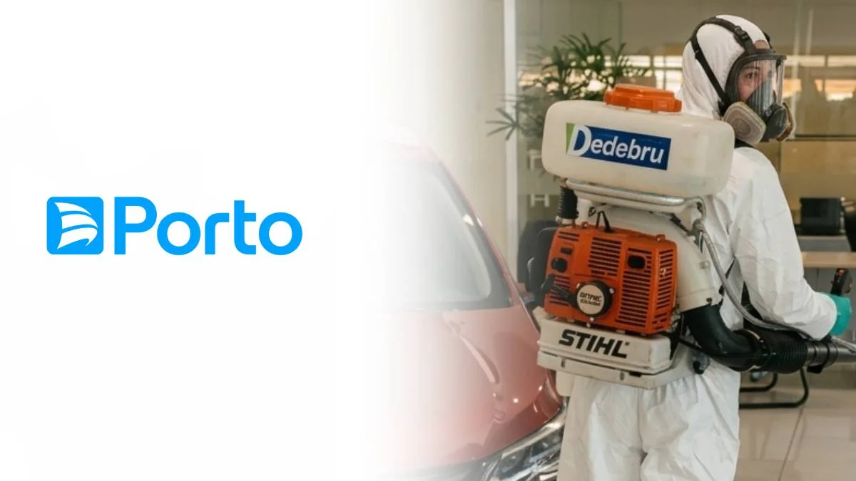 Técnico da Dedebru com EPI completo e termonebulizador Stihl ao lado do logo da Porto — parceria credenciada em Bauru